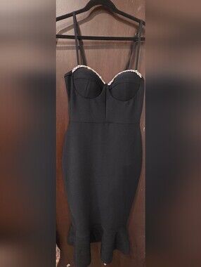 Black Strapless Bustier Midi Dress with Beaded Trim
